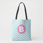 Trendy lichtblauw Chevron roze monogram Tote Bag (Voorkant)