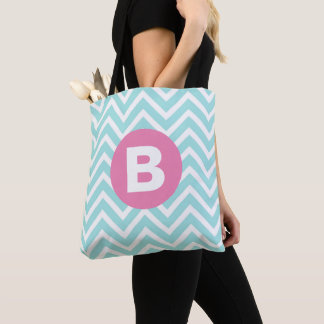 Trendy lichtblauw Chevron roze monogram Tote Bag