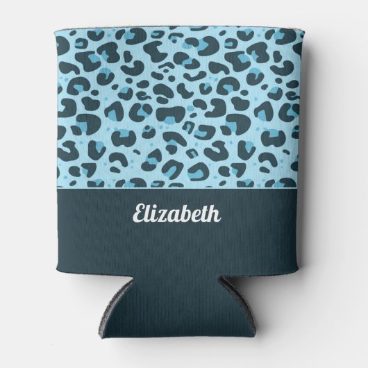 Trendy lichtblauw luipaard spot patroon met naam blikjeskoeler (Voorkant)
