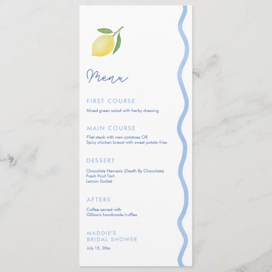Trendy Lichtblauw Wavy Rand Citroenen Trouwdouche Menu (Voorkant)