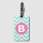 Trendy Lichtblauwe Chevron Roze Monogram Bagagelabel (Voorkant (verticaal))