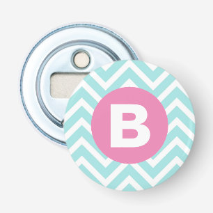 Trendy Lichtblauwe Chevron Roze Monogram Button Flesopener
