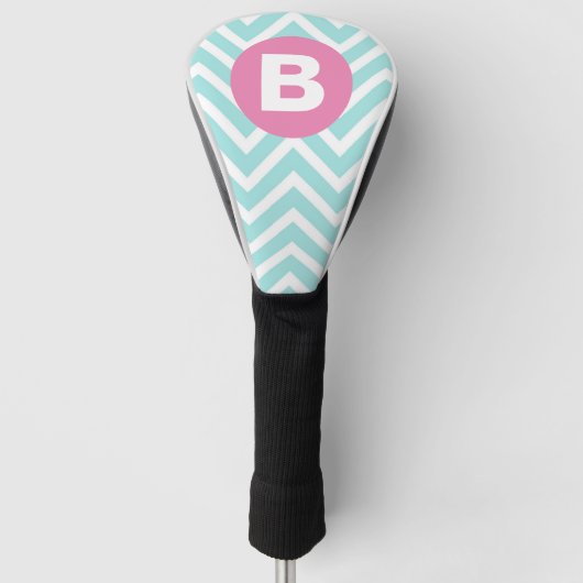Trendy Lichtblauwe Chevron Roze Monogram Golfheadcover (Voorkant)