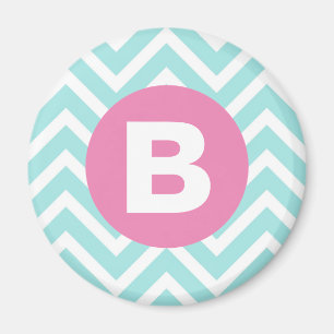 Trendy Lichtblauwe Chevron Roze Monogram Magneet