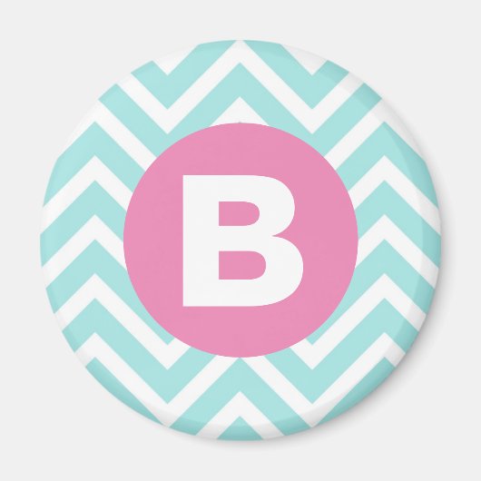 Trendy Lichtblauwe Chevron Roze Monogram Magneet (Voorkant)