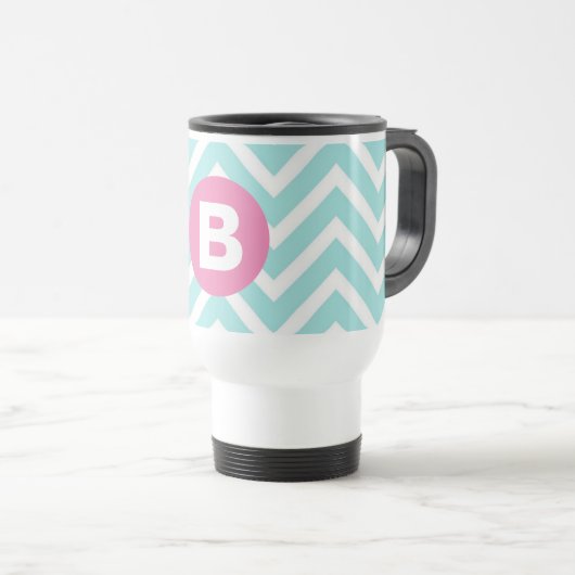 Trendy Lichtblauwe Chevron Roze Monogram Reisbeker (Voorkant rechts)