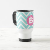 Trendy Lichtblauwe Chevron Roze Monogram Reisbeker (Voorkant links)
