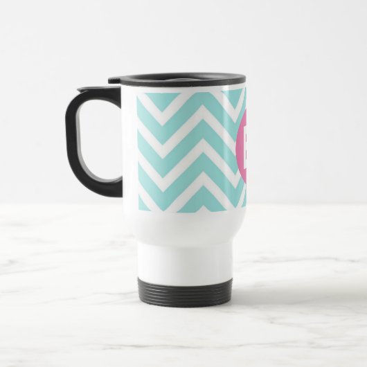 Trendy Lichtblauwe Chevron Roze Monogram Reisbeker (Links)