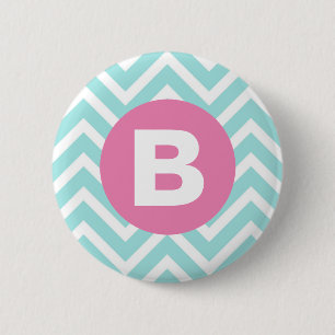 Trendy Lichtblauwe Chevron Roze Monogram Ronde Button 5,7 Cm