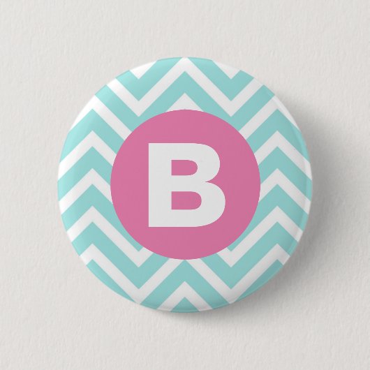 Trendy Lichtblauwe Chevron Roze Monogram Ronde Button 5,7 Cm (Voorkant)