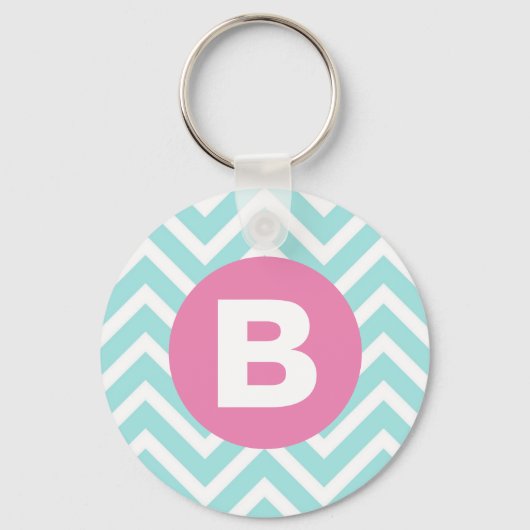 Trendy Lichtblauwe Chevron Roze Monogram Sleutelhanger (Voorkant)