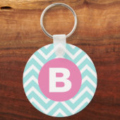 Trendy Lichtblauwe Chevron Roze Monogram Sleutelhanger (Voorkant)