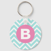Trendy Lichtblauwe Chevron Roze Monogram Sleutelhanger (Achterkant)