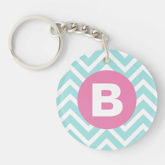 Trendy Lichtblauwe Chevron Roze Monogram Sleutelhanger (Voorkant)