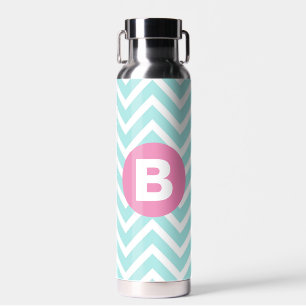 Trendy Lichtblauwe Chevron Roze Monogram Waterfles