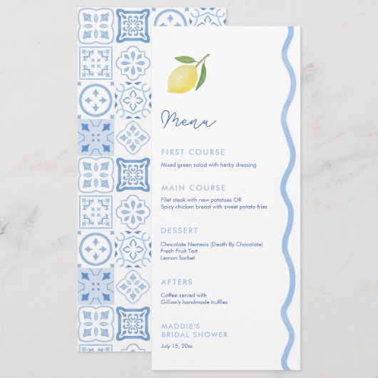 Trendy lichte blauwe golvende rand citroenen huwel menu (Voorkant / Achterkant)