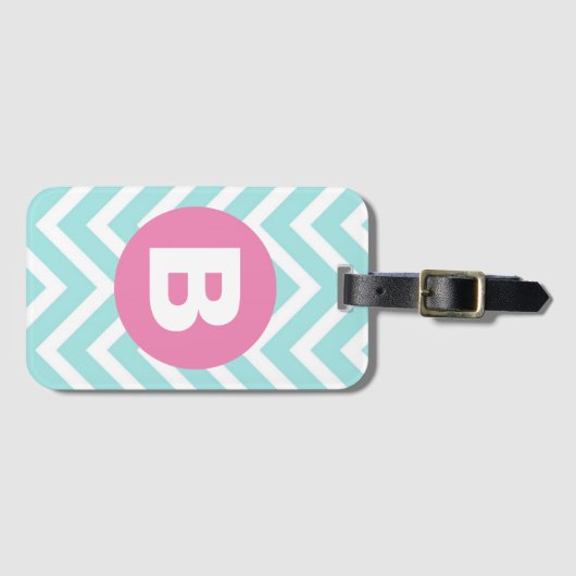 Trendy Light Blue Chevron Pink Monogram Bagagelabel (Voorkant (horizontaal))