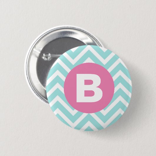 Trendy Light Blue Chevron Pink Monogram Ronde Button 5,7 Cm (Voorkant /achterkant)