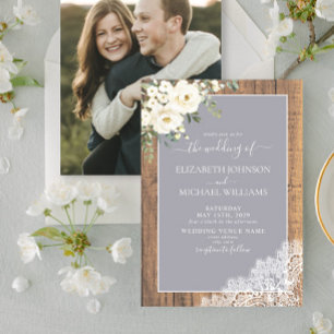Trendy Light Grey Rustic Wood Script Photo Weddens Kaart
