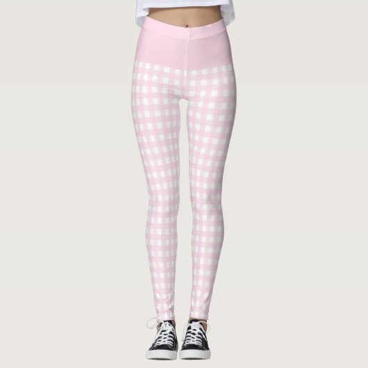 Trendy Light Pink and White Check Gingham Pattern Leggings (Voorkant)