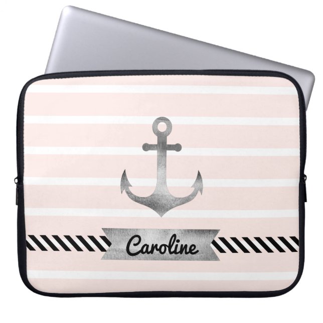 Trendy Light Pink Stripes Nautical Anchor Custom Laptop Sleeve (Voorkant)