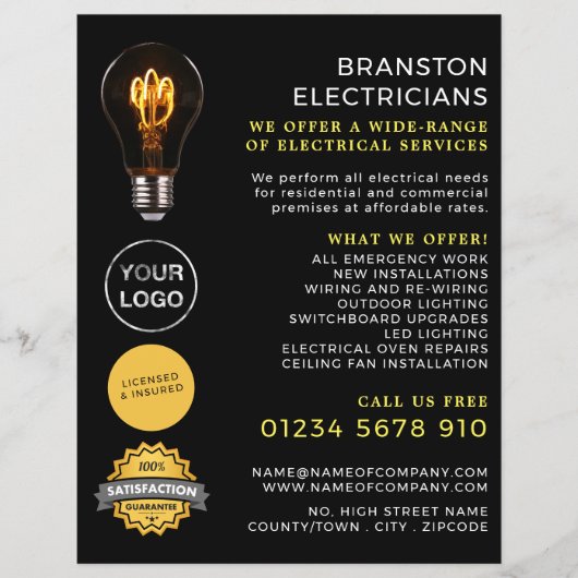 Trendy Lightbulb, elektricien Adverteren Flyer (Voorkant)