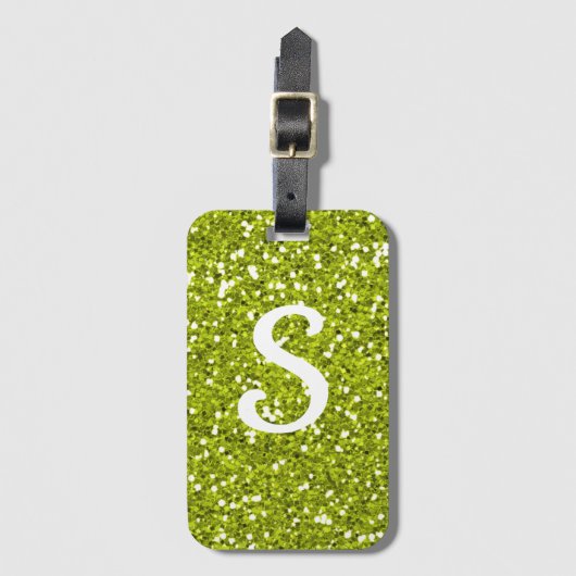 Trendy Lime Green Glitter Monogram Initiaal Bagagelabel (Voorkant (verticaal))