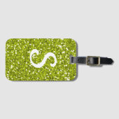 Trendy Lime Green Glitter Monogram Initiaal Bagagelabel (Voorkant (horizontaal))