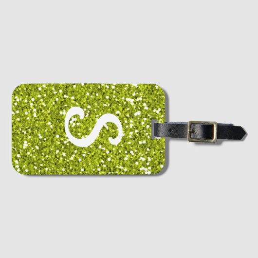 Trendy Lime Green Glitter Monogram Initiaal Bagagelabel (Voorkant (horizontaal))
