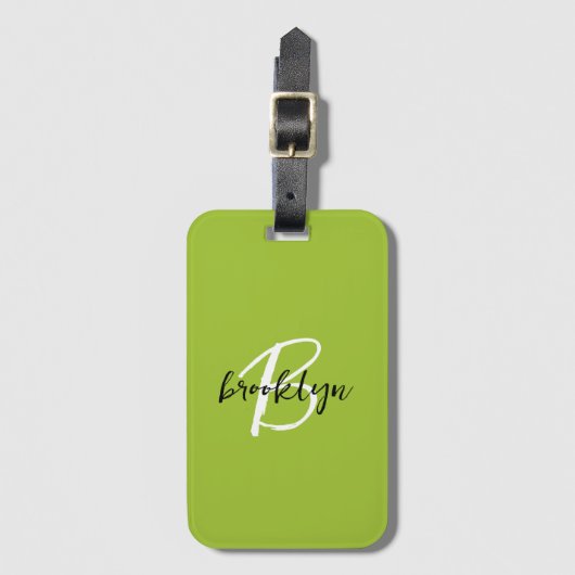 Trendy Lime Groen Zwart Wit Script Monogram Bagagelabel (Voorkant (verticaal))