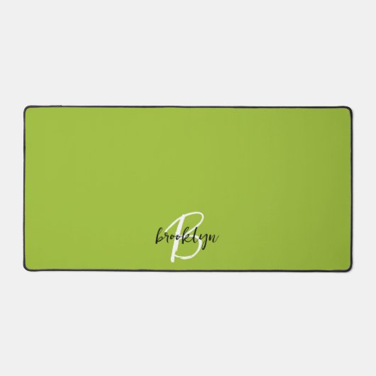 Trendy Lime Groen Zwart Wit Script Monogram Bureaumat (Voorkant)