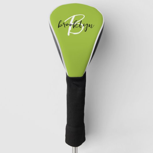 Trendy Lime Groen Zwart Wit Script Monogram Golfheadcover (Voorkant)