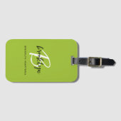 Trendy Lime Groen Zwart Wit Script Monogram Naam Bagagelabel (Voorkant (horizontaal))