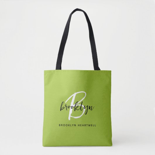 Trendy Lime Groen Zwart Wit Script Monogram Naam Tote Bag (Voorkant)