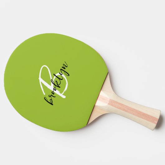 Trendy Lime Groen Zwart Wit Script Monogram Tafeltennisbatje (Zijkant)
