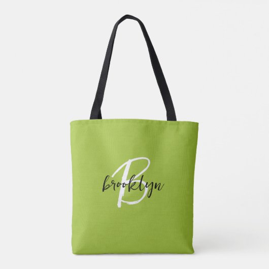 Trendy Lime Groen Zwart Wit Script Monogram Tote Bag (Achterkant)
