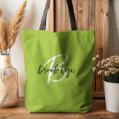 Trendy Lime Groen Zwart Wit Script Monogram Tote Bag