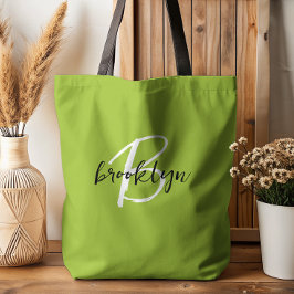 Trendy Lime Groen Zwart Wit Script Monogram Tote Bag