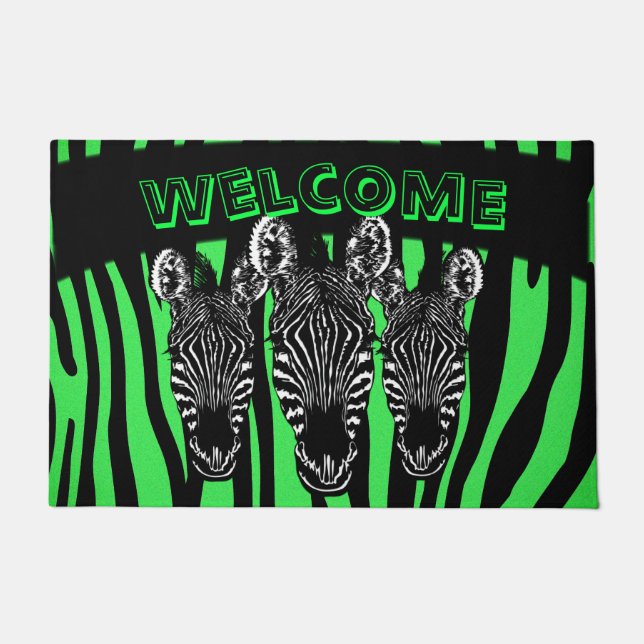 Trendy Limoen Zebra Herd op Zebra Print Deurmat (Voorkant)