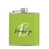 Trendy limoengroen zwart wit script monogram heupfles (Voorkant)