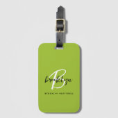 Trendy limoengroen zwart wit script monogram naam bagagelabel (Voorkant (verticaal))