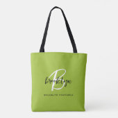 Trendy limoengroen zwart wit script monogram naam tote bag (Achterkant)