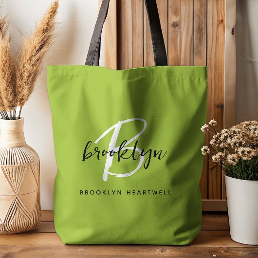 Trendy limoengroen zwart wit script monogram naam tote bag