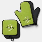Trendy limoengroen zwart wit script monogram ovenwant & pannenlap set (Voorkant / Achterkant)