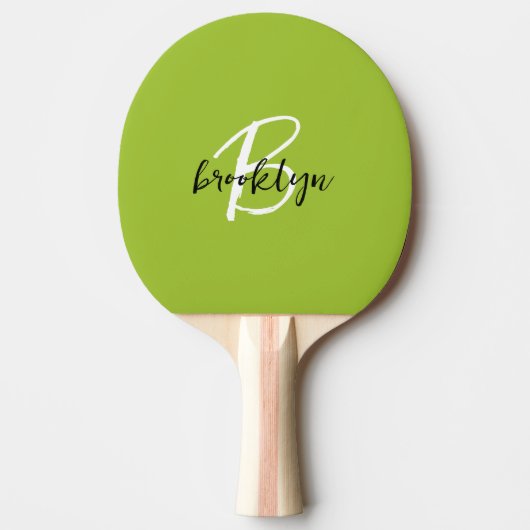 Trendy limoengroen zwart wit script monogram  tafeltennisbatje (Voorkant)