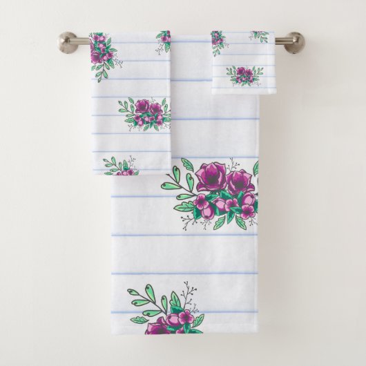 Trendy Lined Paper & Paarse Doodle Florals Bad Handdoek (Insitu)