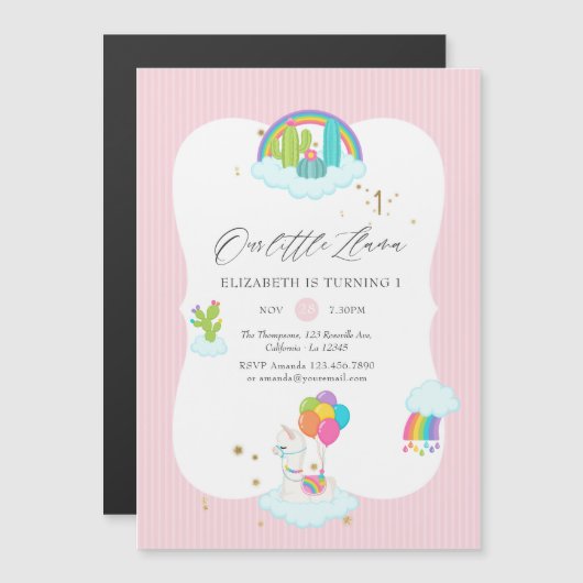 Trendy Llama 1e verjaardag Magnetische Uitnodiging (Voorkant / Achterkant)