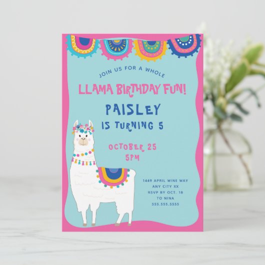 Trendy Llama meisje verjaardagsfeestje Kaart (Staand voorkant)