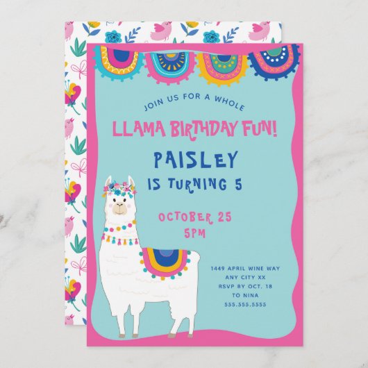 Trendy Llama meisje verjaardagsfeestje Kaart (Voorkant / Achterkant)