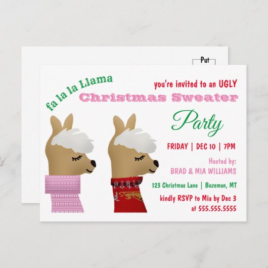 Trendy Llama - Uitnodiging voor kerstfeestdagen (Voorkant / Achterkant)